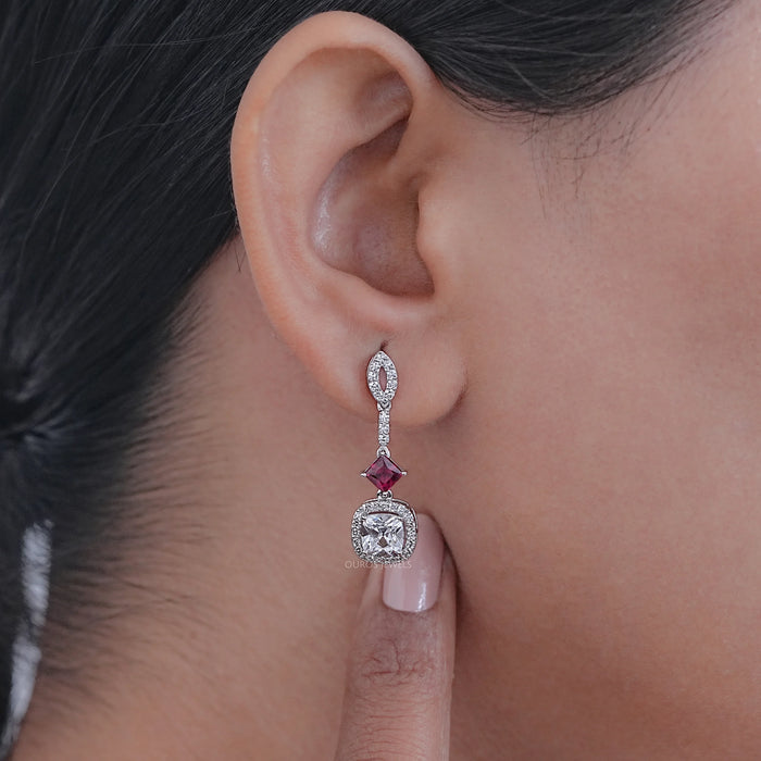 Ruby Princess Old Mine Cushion Cut Halo Dangle Earrings
