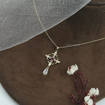 Princess Ruby Gemstone Fleur De Lis Pendant Necklaces