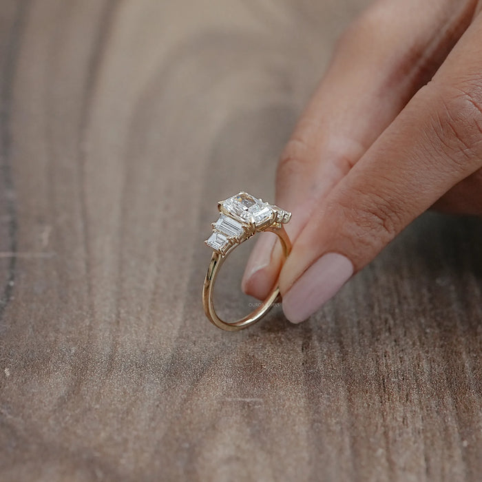 side view of radiant and baguette cut lab diamond five stone engagement ring