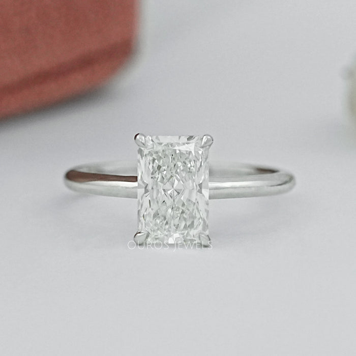 front view of radiant cut lab diamond solitaire engagement ring