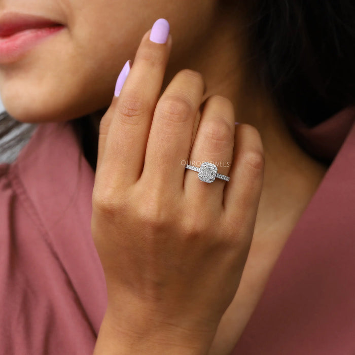 radiant cut lab diamond solitaire halo wedding ring on model's finger