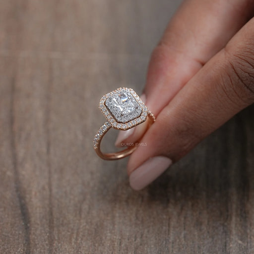 radiant cut diamond double halo engagement ring's side angle view