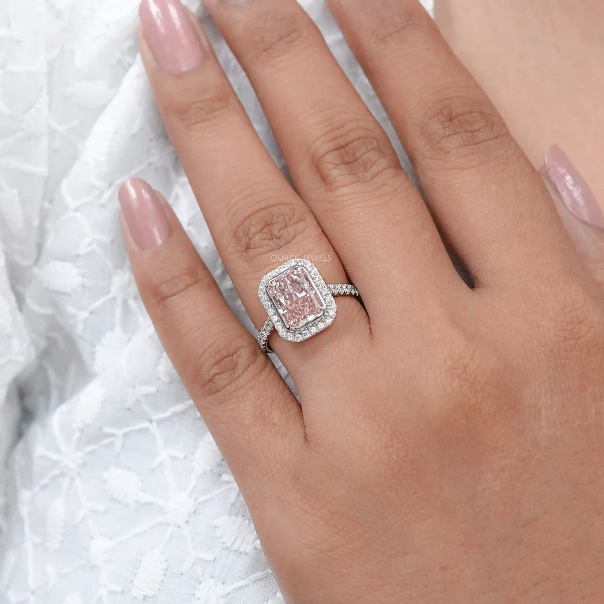 Fancy Pink Radiant Cut Halo Diamond Ring