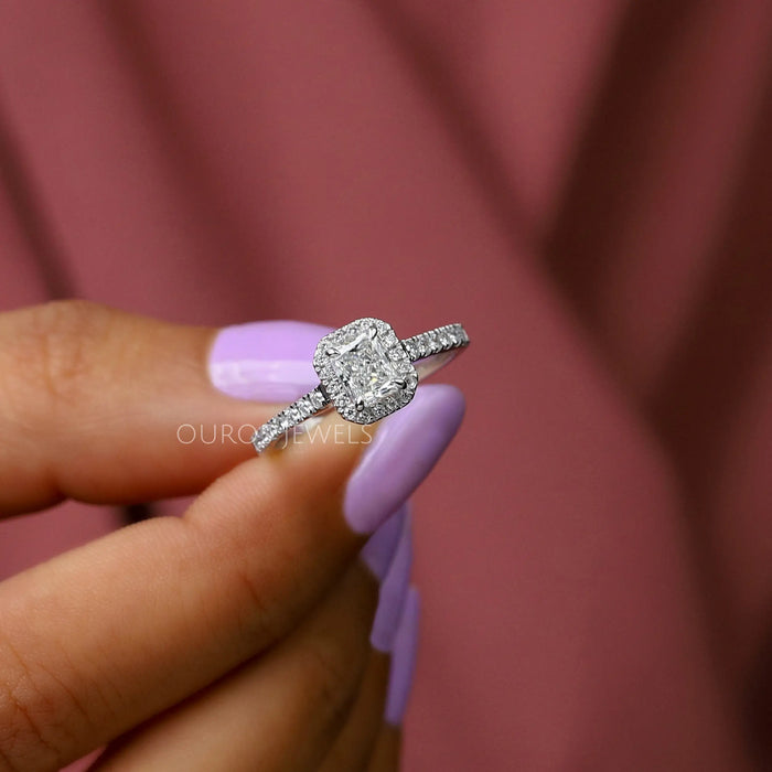 close view of radiant cut lab diamond solitaire halo engagement ring white gold 