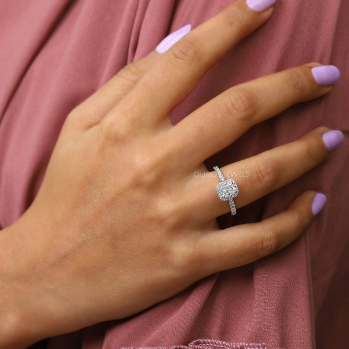 radiant cut lab diamond solitaire halo wedding ring white gold  in finger