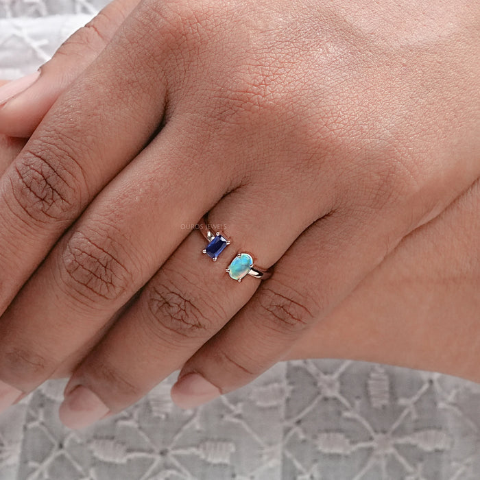 opal and sapphire emerald diamond open cuff toi et moi wedding ring in finger