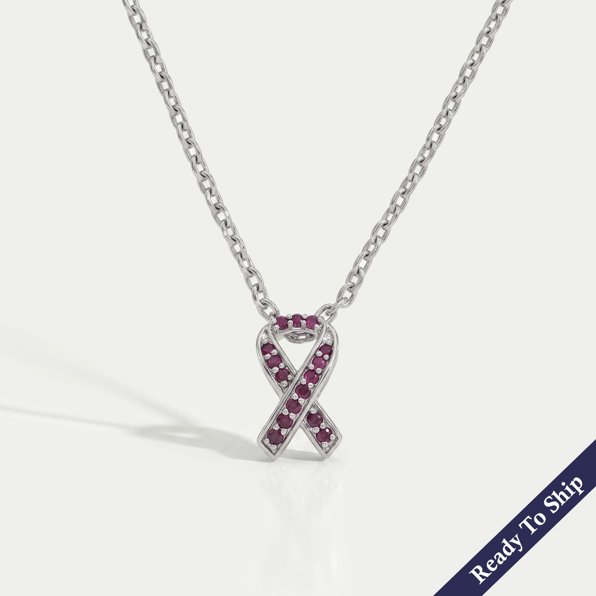 Red Round Gemstone Cancer Ribbon Pendant