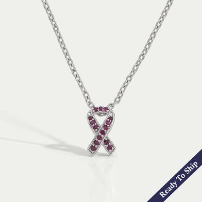 Red Round Gemstone Cancer Ribbon Pendant