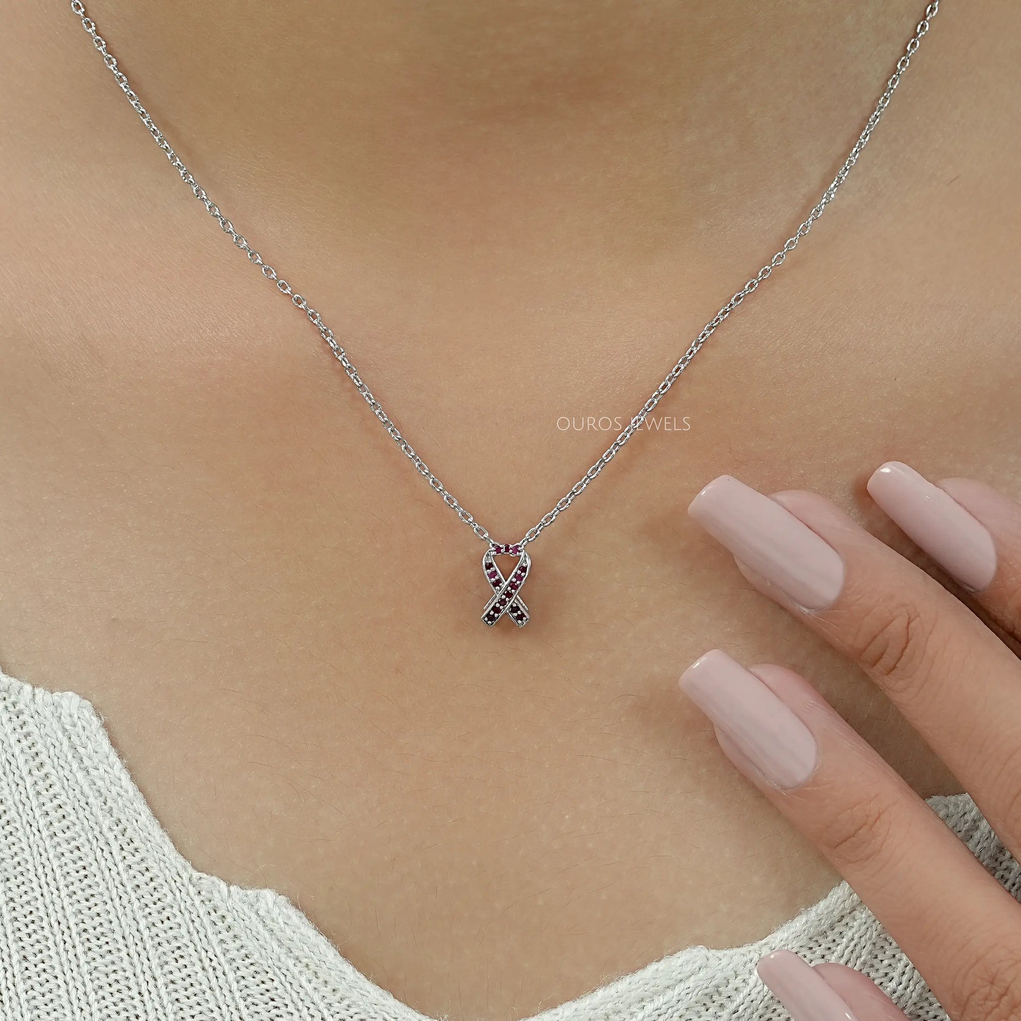 Red Round Gemstone Cancer Ribbon Pendant