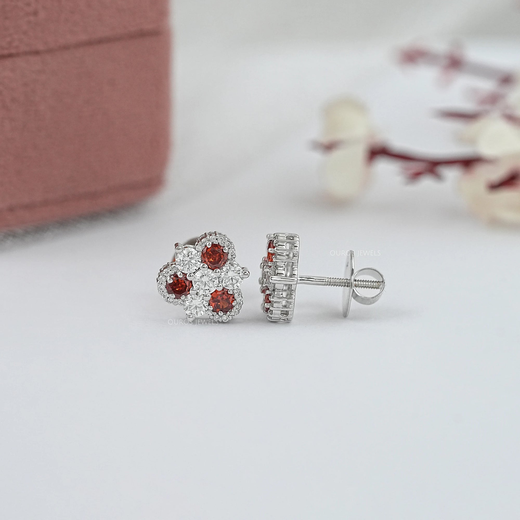 Red Ruby Three Stone Stud Earring