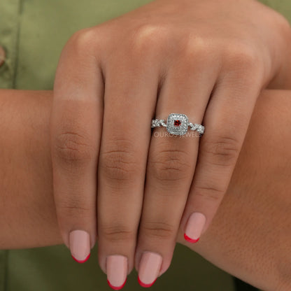 Red Princess Cut Double Halo Accent Diamond Ring