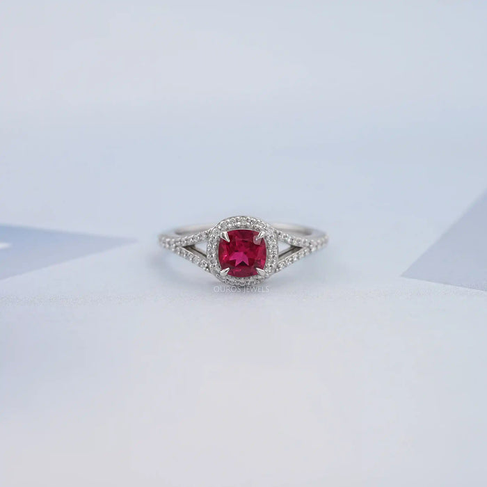 Cushion Cut Red Ruby Split Shank Halo Engagement Ring