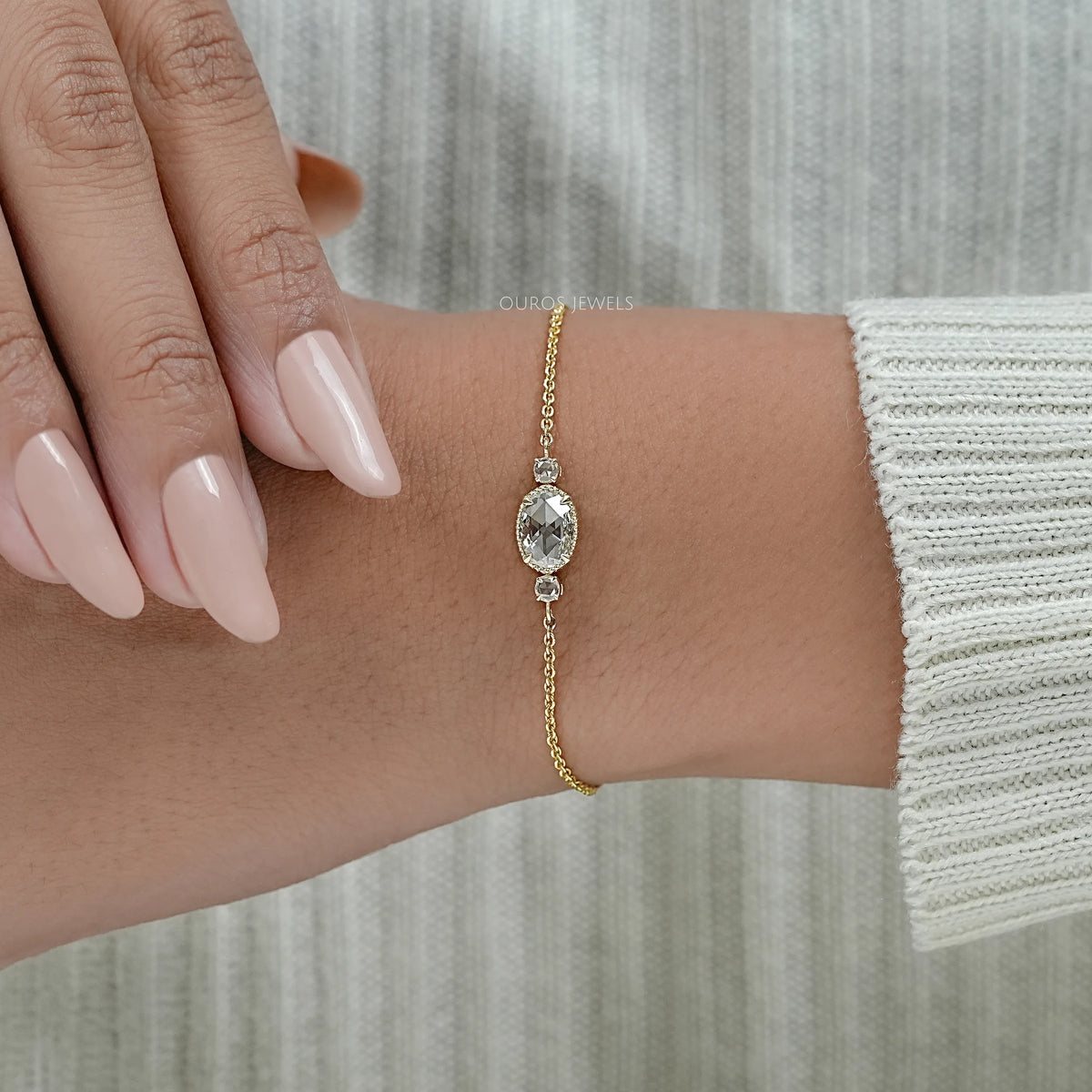 Three Stone Rose Cut Oval Bezel Chain Bracelet Bracelet