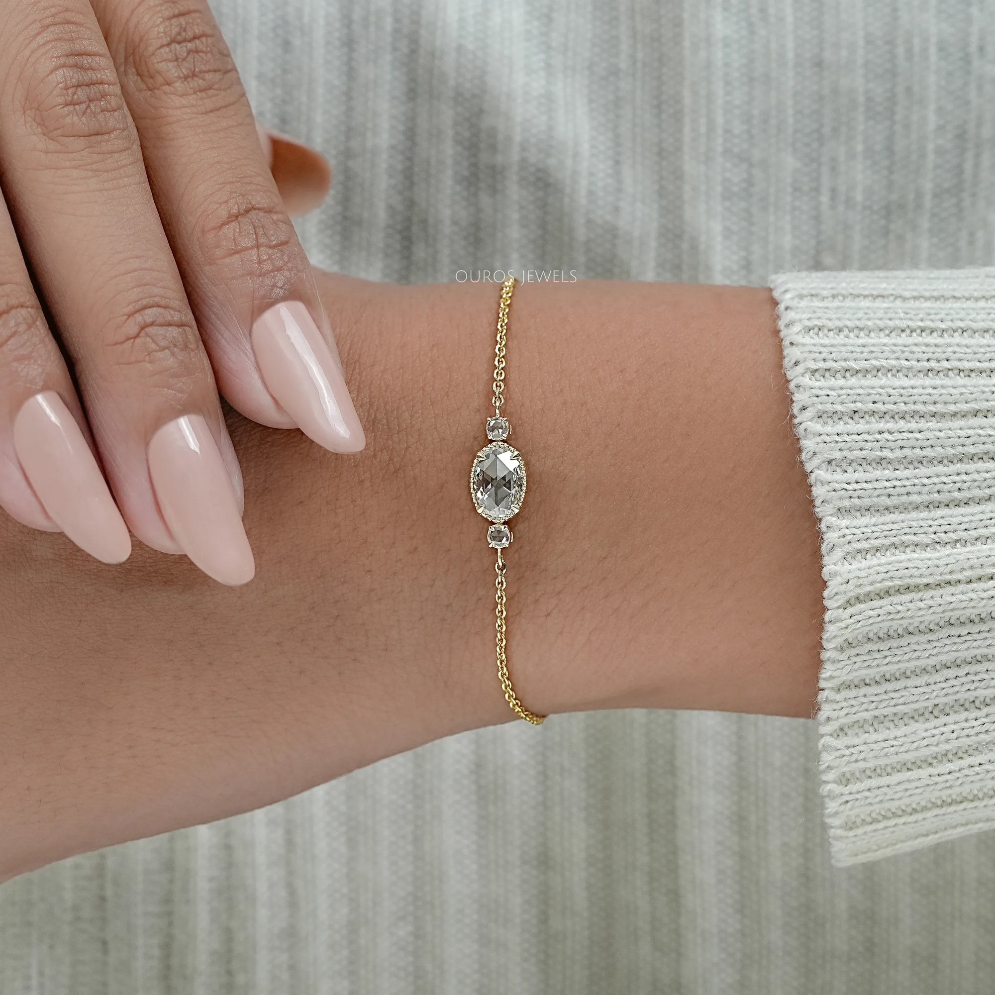 Three Stone Rose Cut Oval Bezel Chain Bracelet