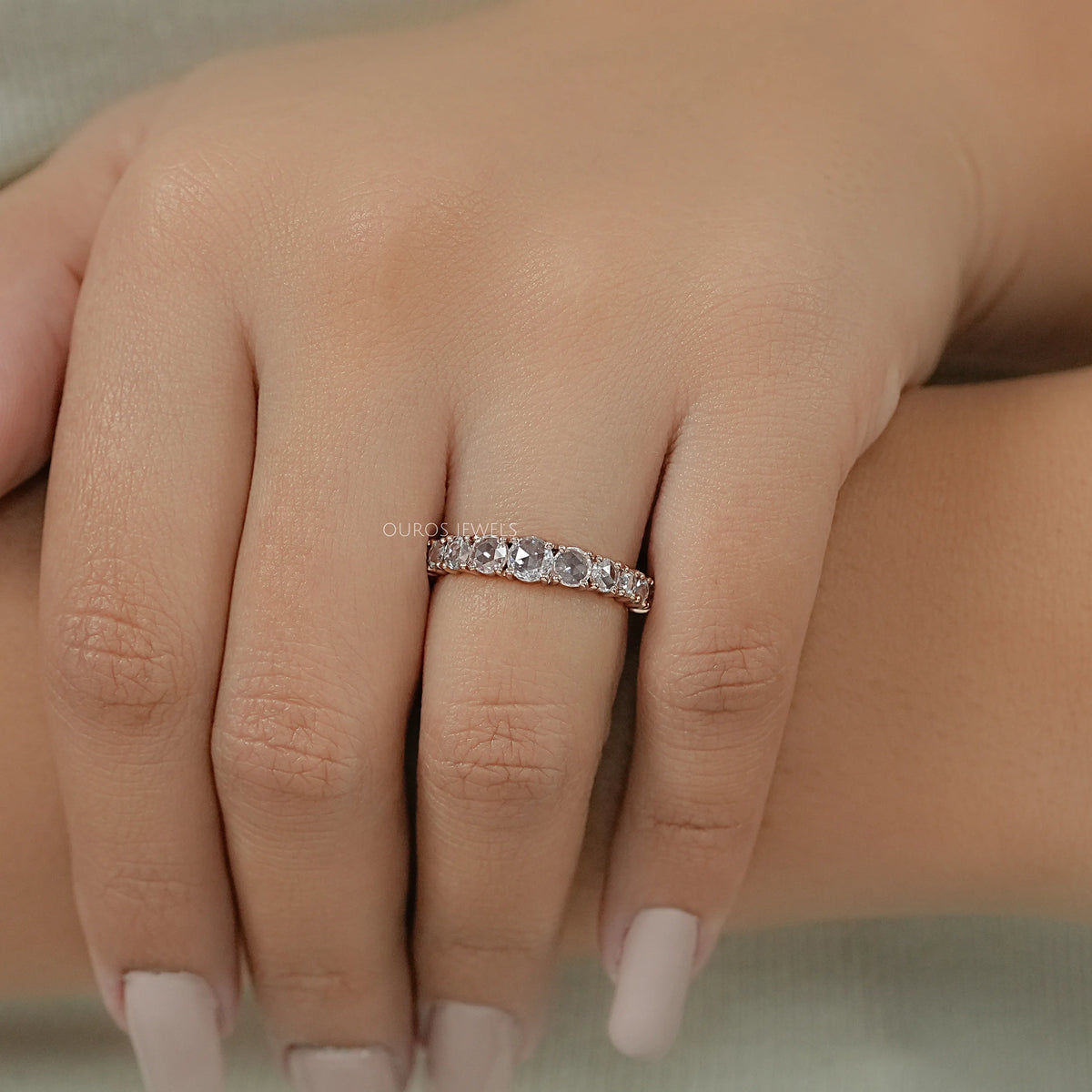 Rose Cut Round Diamond Half Eternity Wedding Band Ring