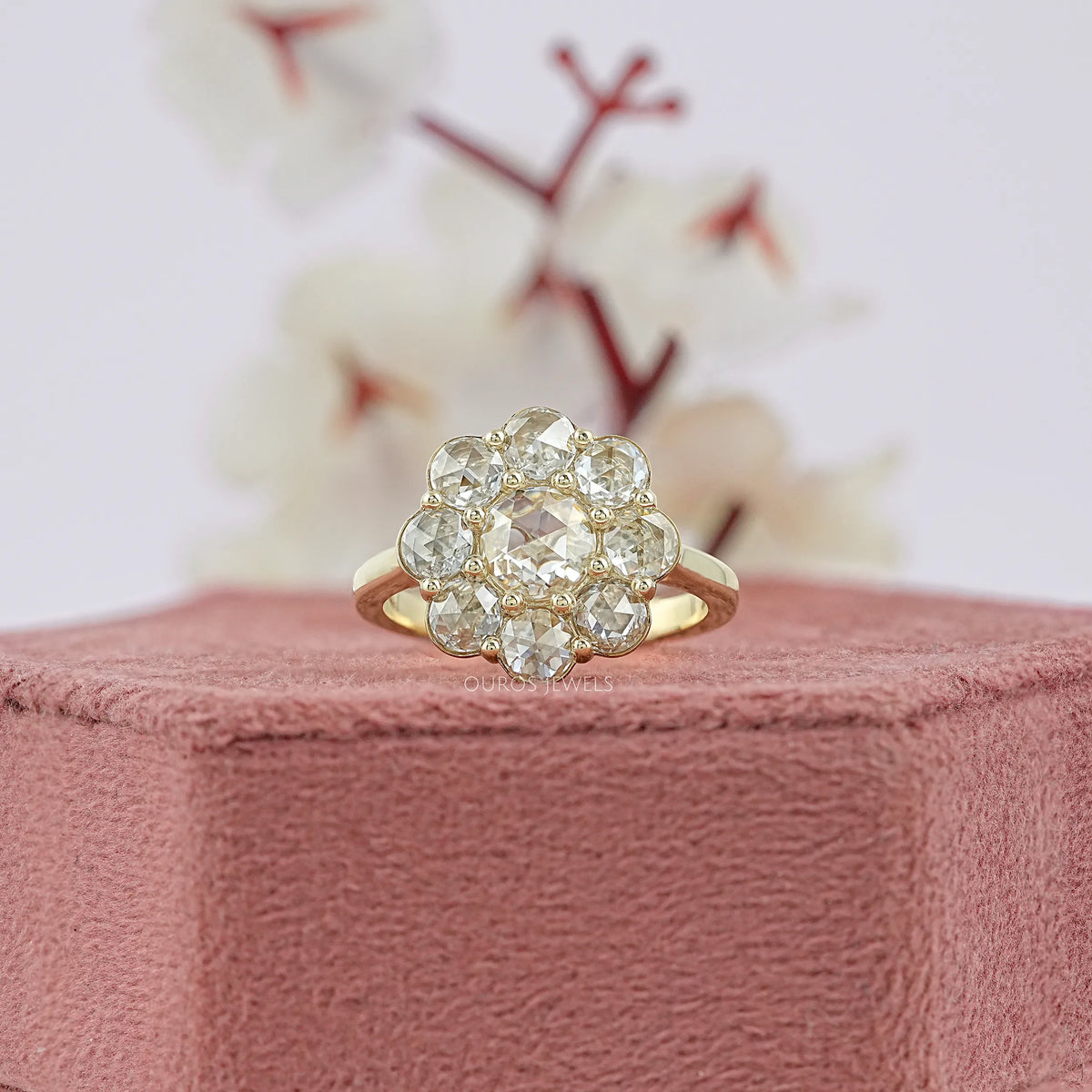 Rose Cut Round Diamond Halo Engagement Ring