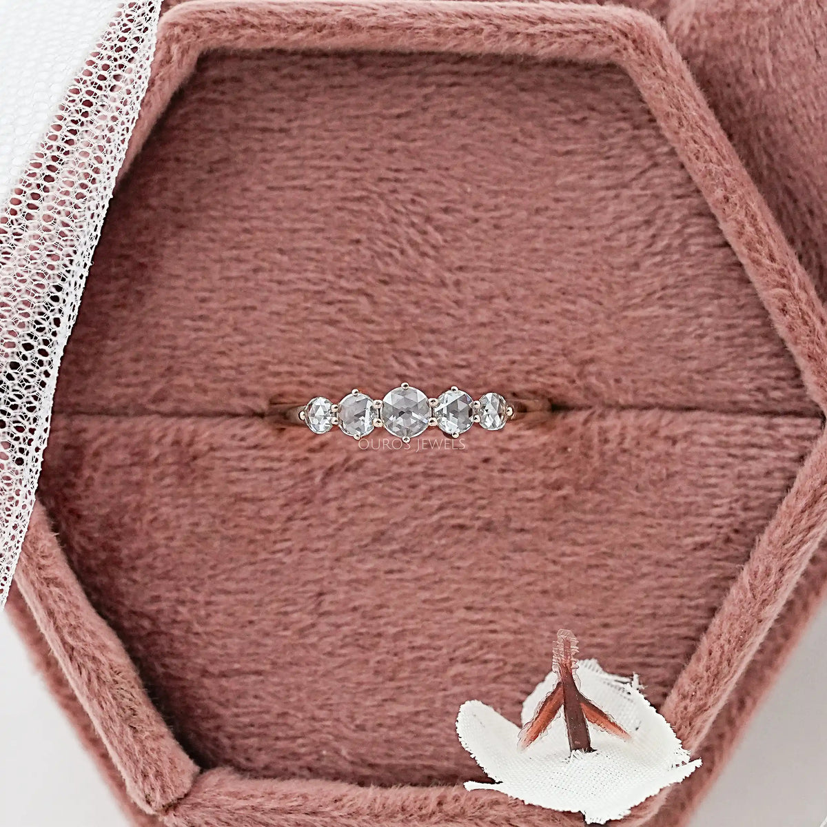 Five Stone Rose Cut Round Diamond Engagement Ring Ring