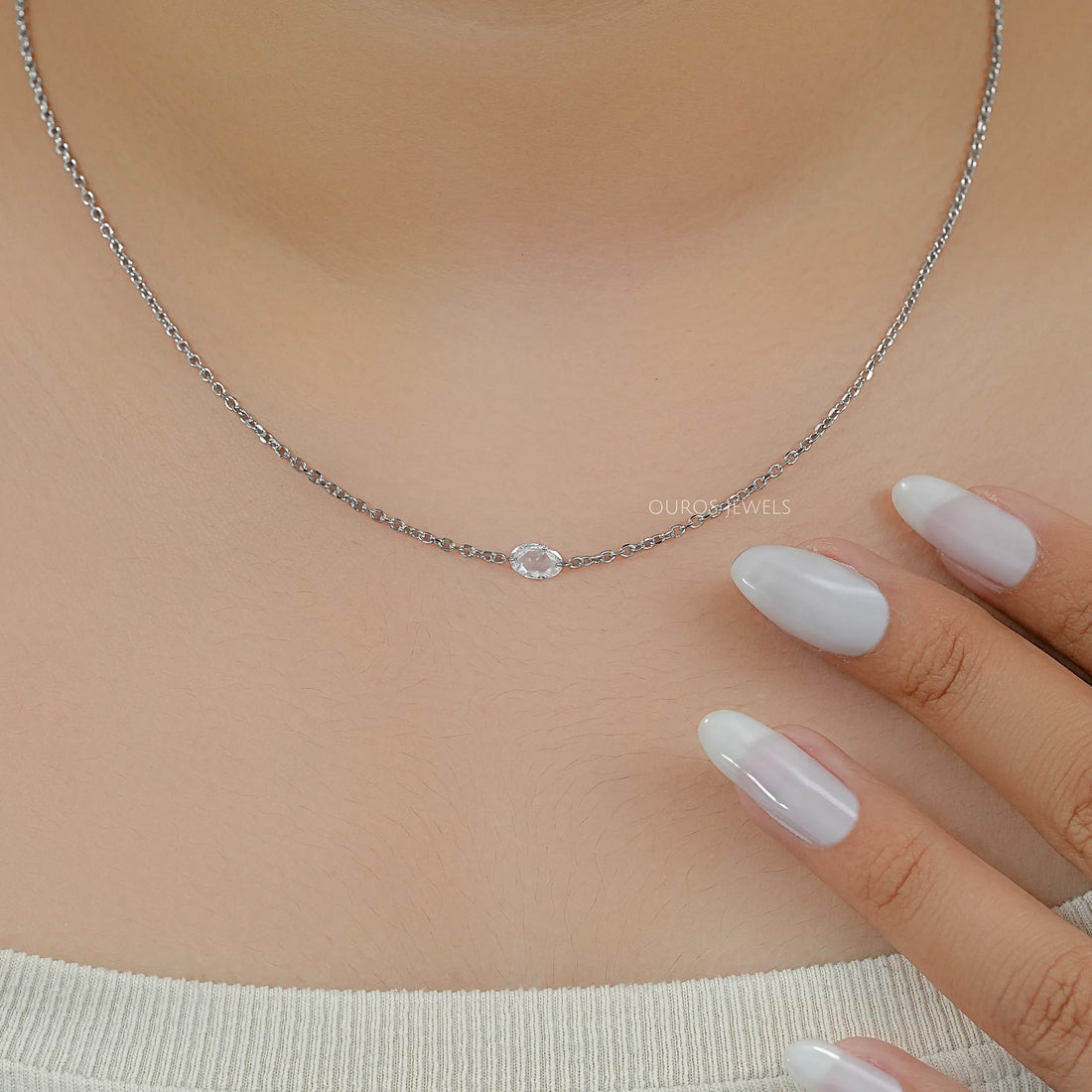 East West Rose Cut Oval Diamond Solitaire Necklace Necklaces