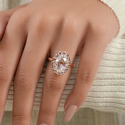 Rose Cut Oval Diamond Halo Engagement Ring