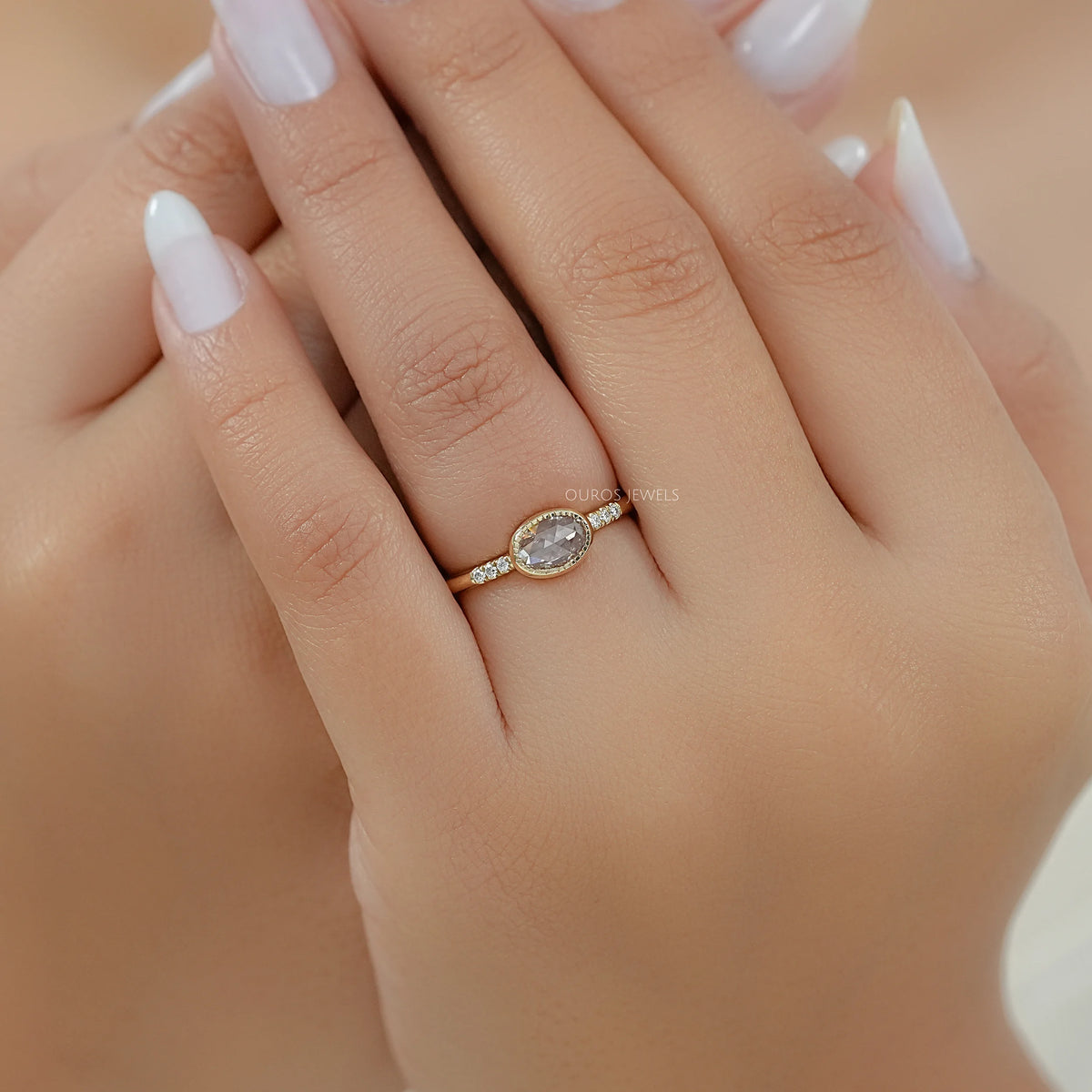 East West Rose Cut Oval Diamond Milgrain Accent Ring Ring