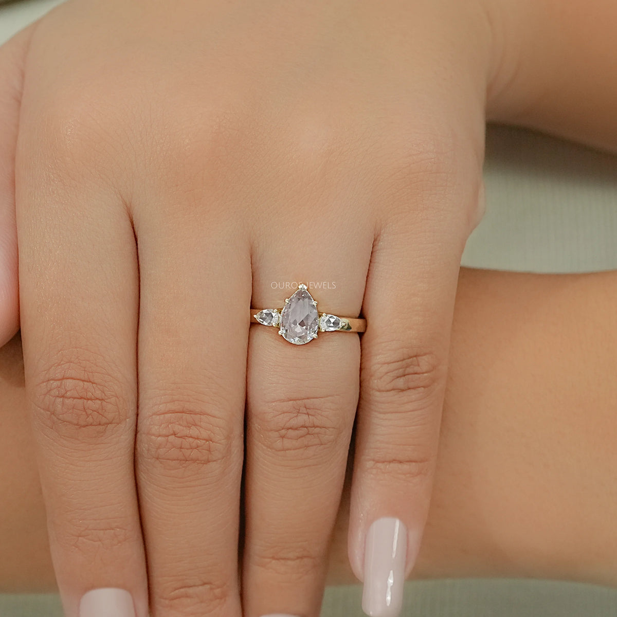 Three Stone Rose Cut Pear Diamond Engagement Ring Ring
