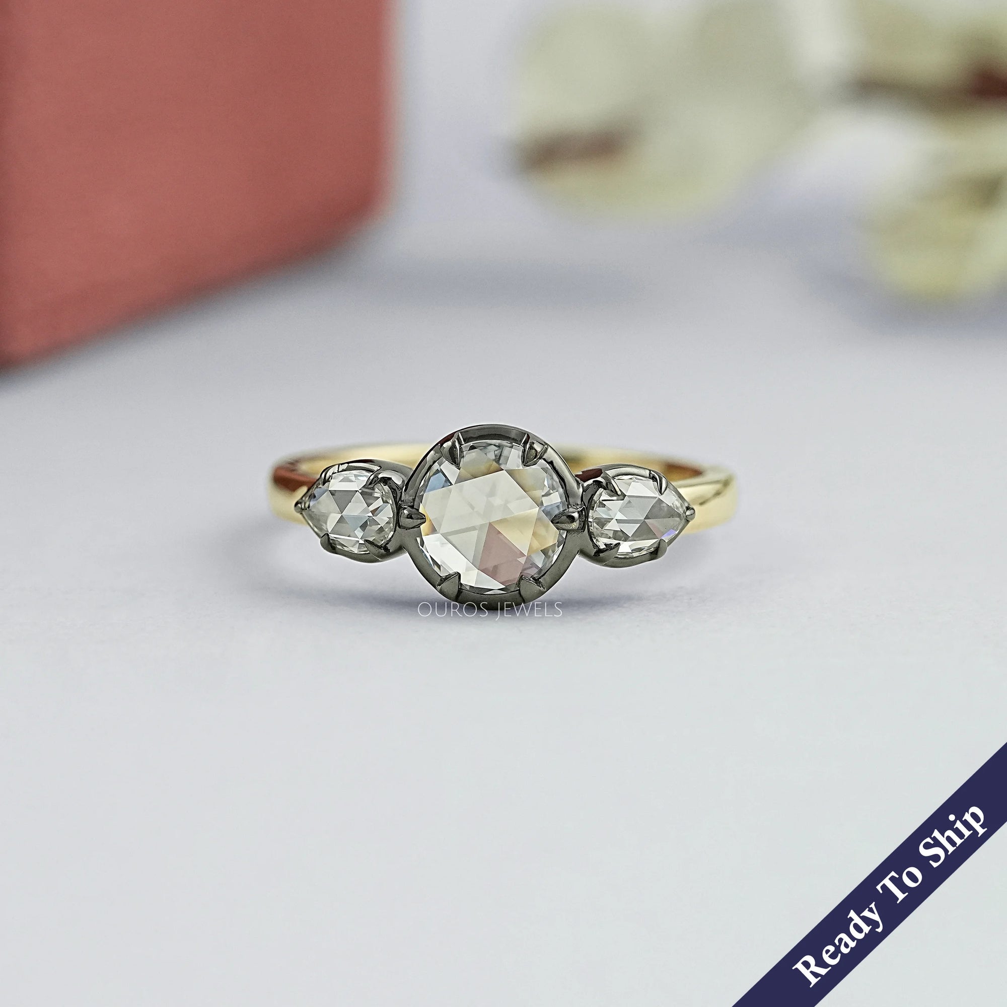 Rose Cut Round And Pear Diamond Engagement Ring