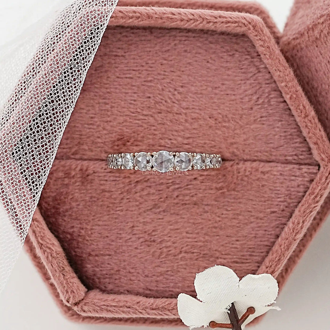 Rose Cut Round Diamond Half Eternity Wedding Band Ring
