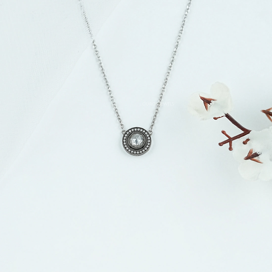 Rose Cut Round Diamond Halo Necklace Necklaces