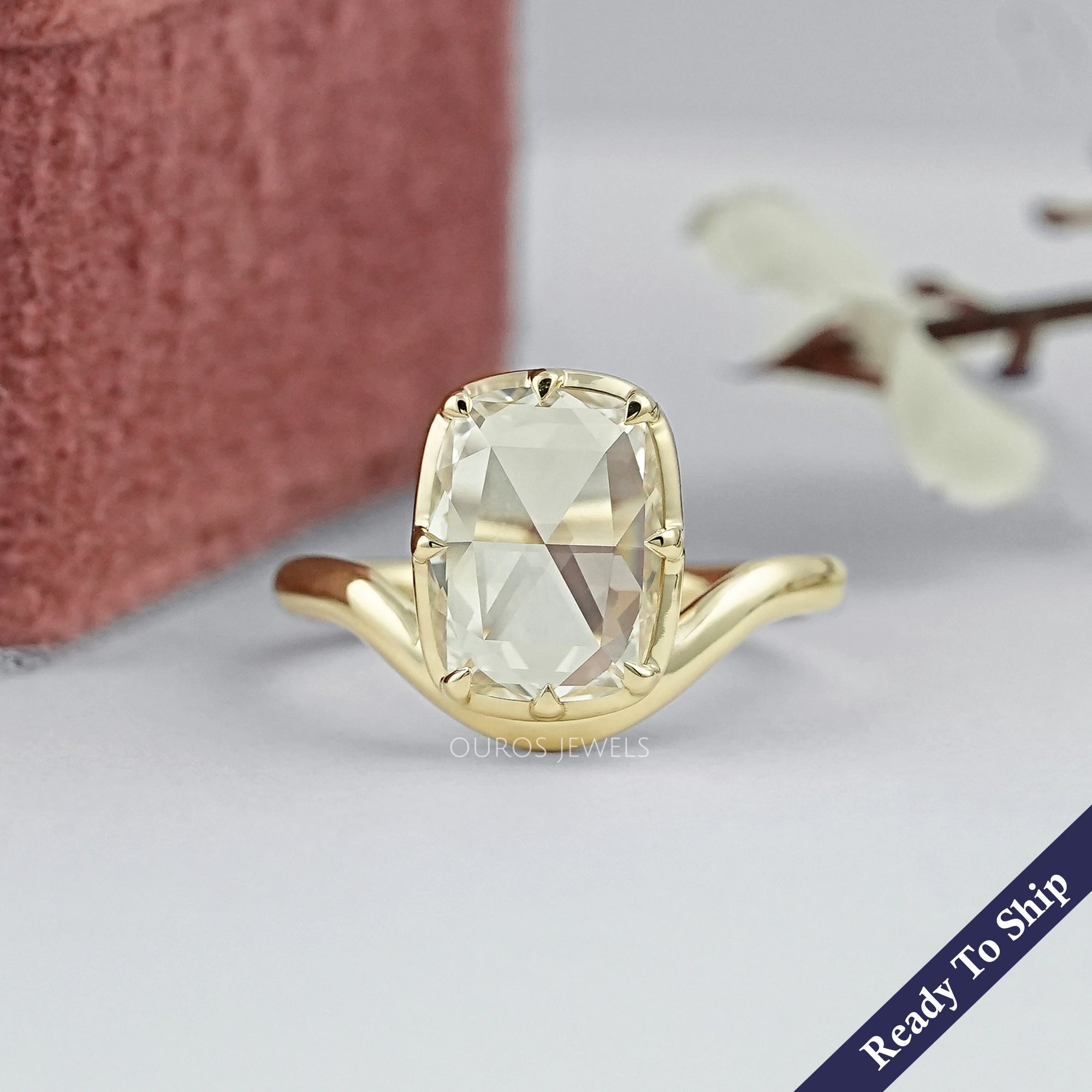 Rose Cut Elongated Cushion Curved Ring