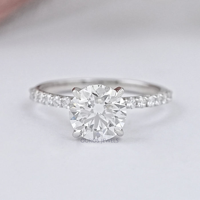 front view of round lab grown diamond white gold solitaire engagement ring