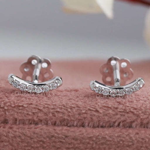 front view round lab diamond curved bar minimalist earrings white gold