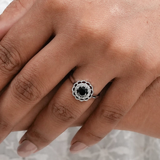 Double Halo Round Shape Black Diamond Engagement Ring