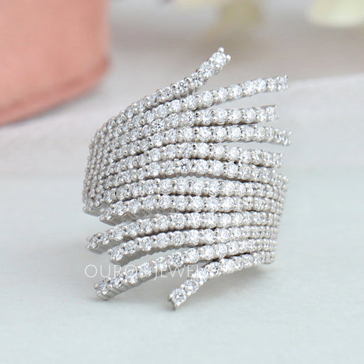 front view of round-cut lab diamond multi-row bypass engagement ring