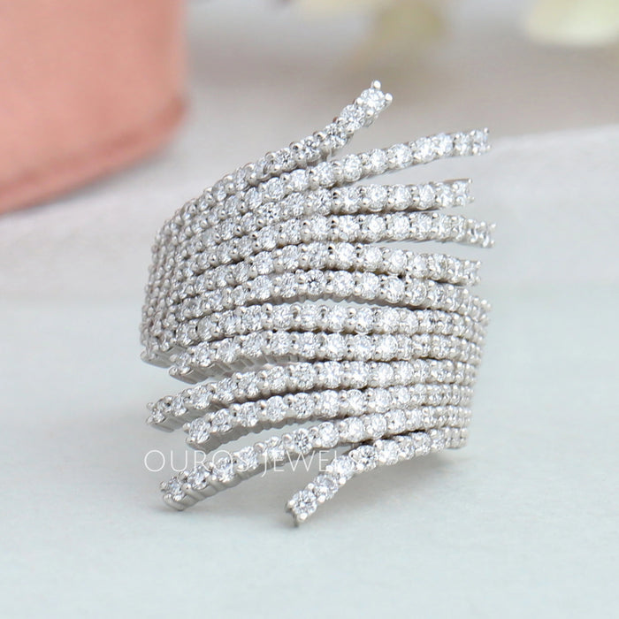 front view of round-cut lab diamond multi-row bypass engagement ring