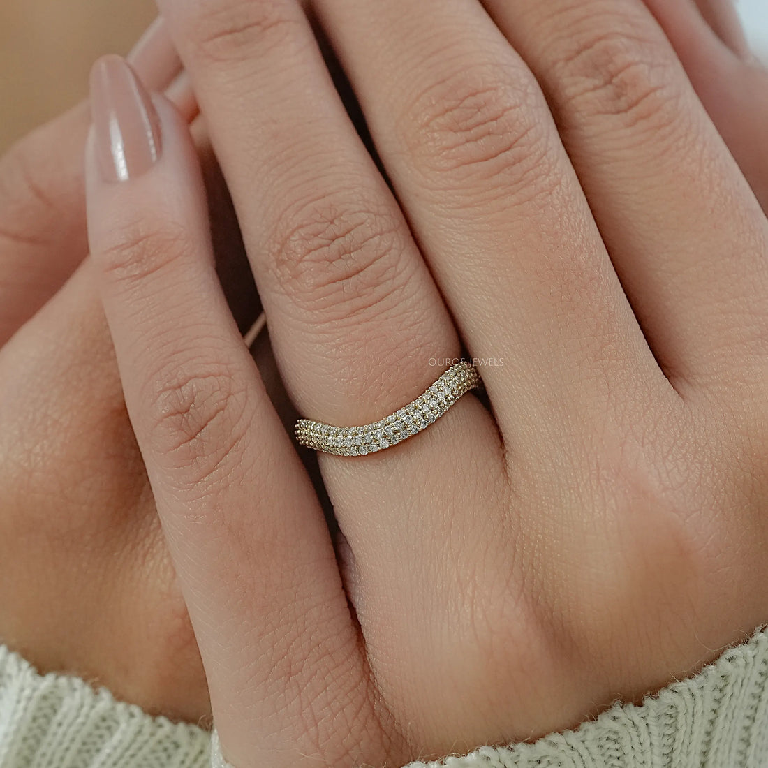 Pave Set Round Lab Diamond Curved Band Ring