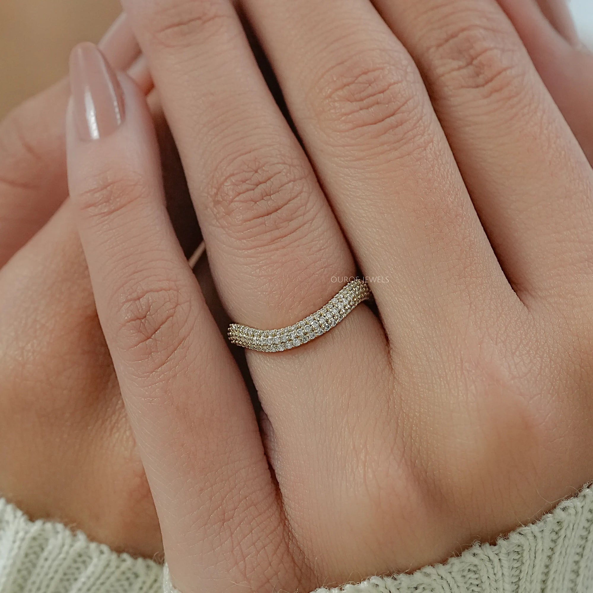 Pave Set Round Lab Diamond Curved Band Ring