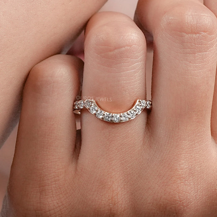 Pave Set Round Cut Diamond Deep Curved Wedding Band