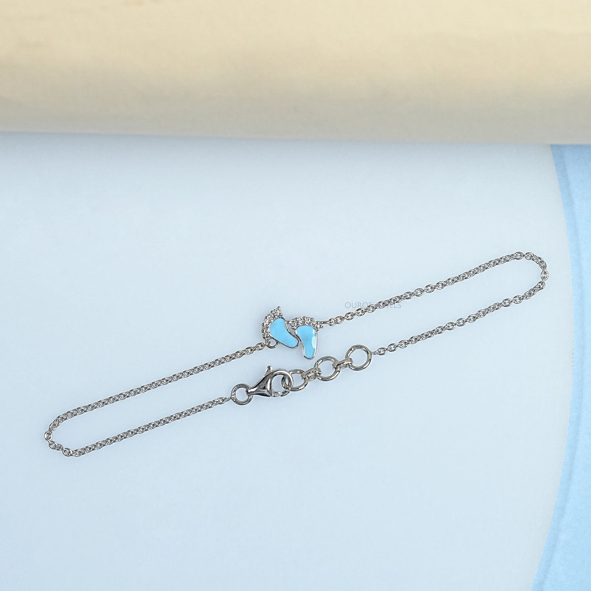Enamel Blue Baby Foot Print Round Diamond Anklet