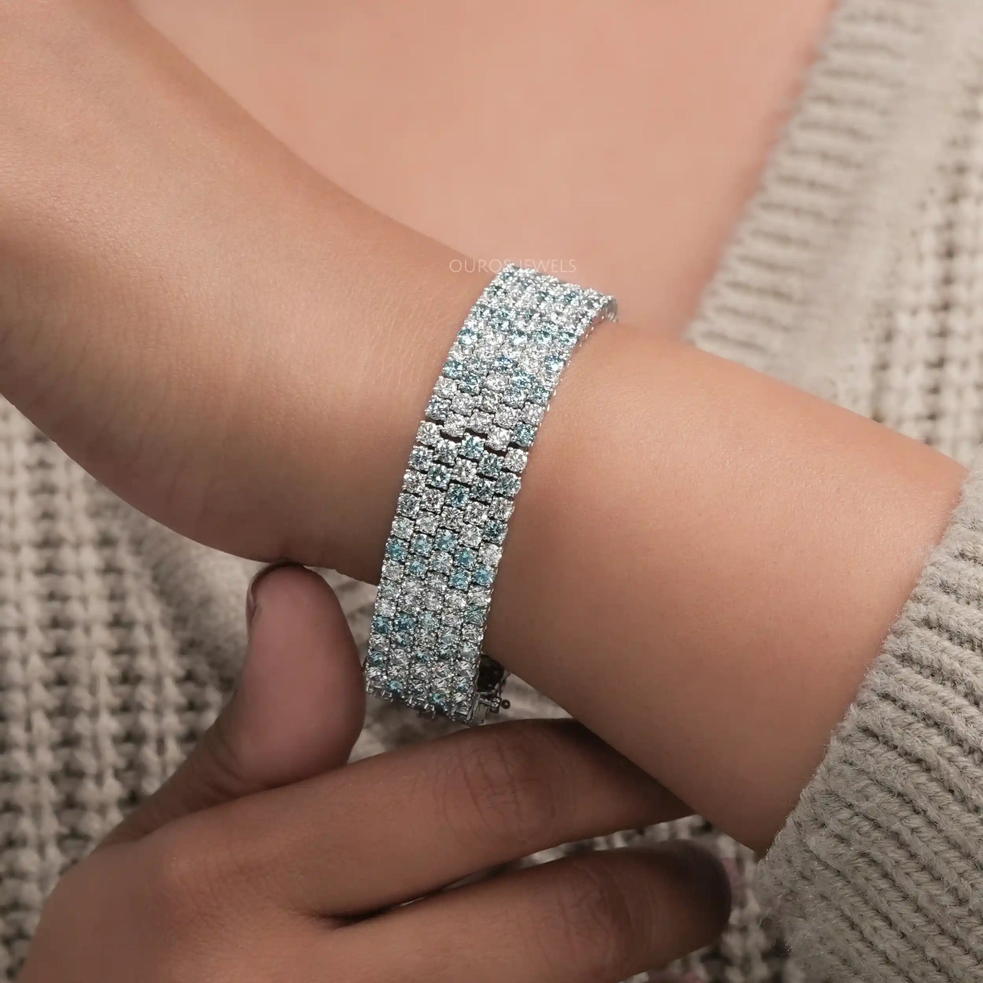 Fancy Blue Round Cut Lab Diamond Wide Bracelet Bracelet