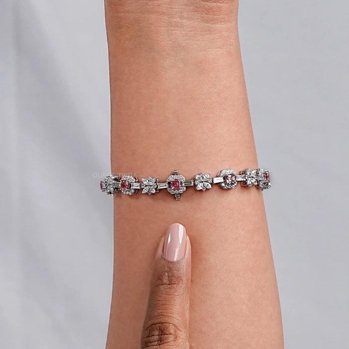 Bracelet tennis en diamants Asscher roses et fleurs