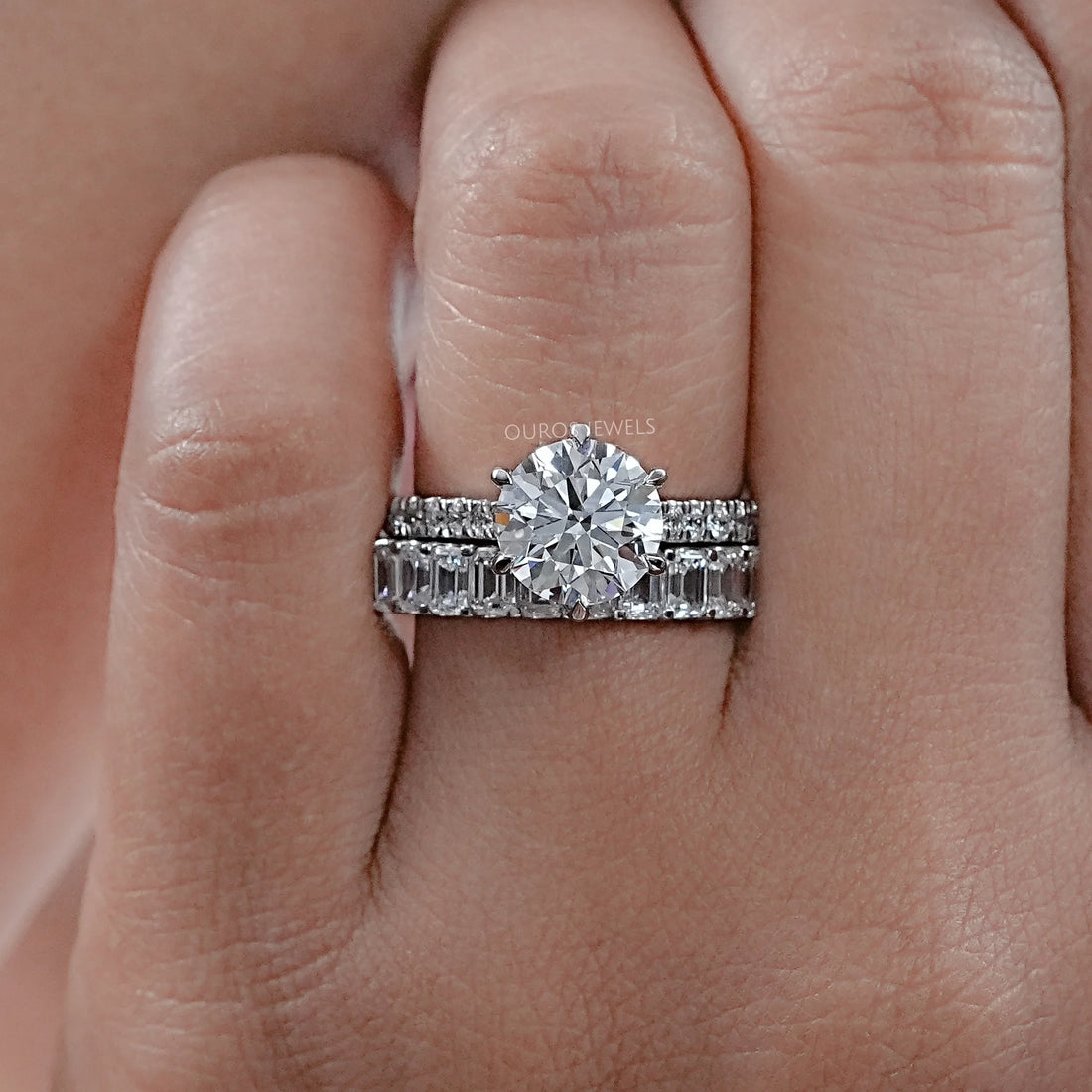 Round Lab Diamond Solitaire Accent Bridal Ring Set Rings