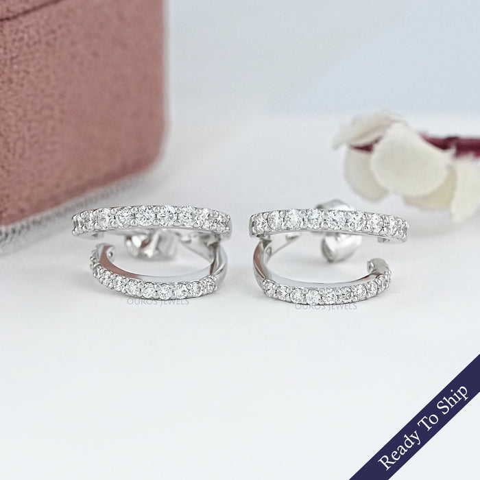 Double Row Round Diamond C Hoop Earrings