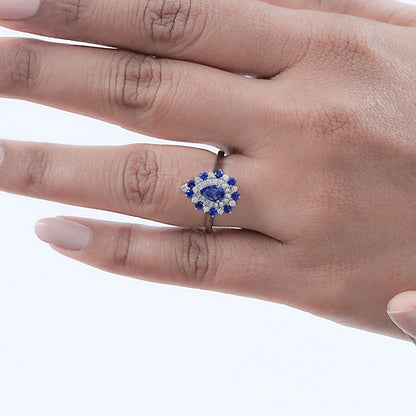 Sapphire Pear And Double Halo Engagement Ring
