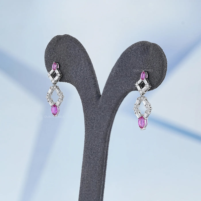 Pink Gemstone And Diamond Drop Dangle Earrings