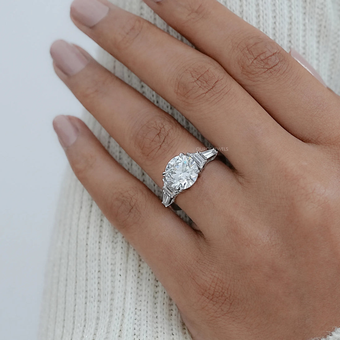 Round And Trapezoid Lab Diamond Five Stone Engagement Ring Rings