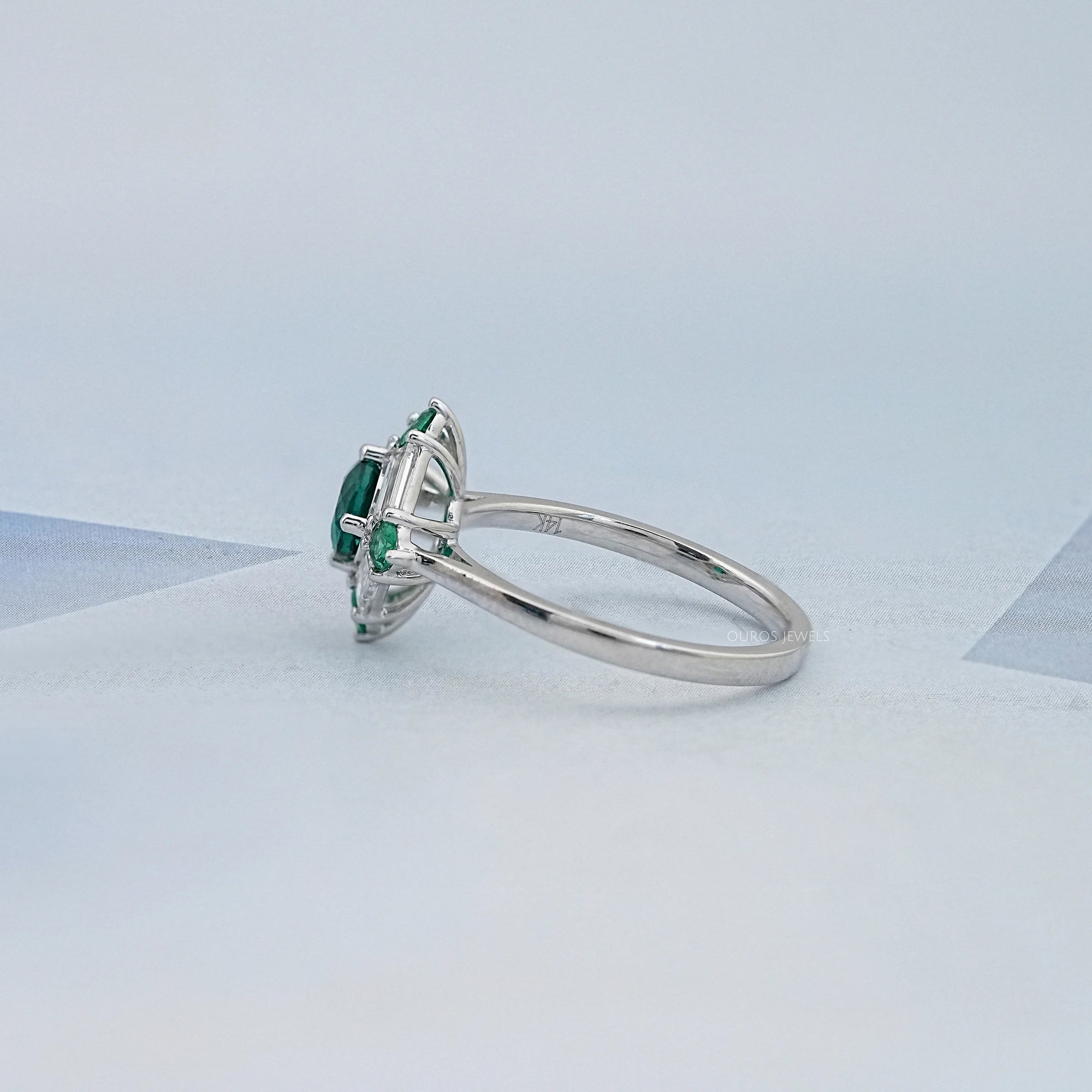 Green Round And Baguette Diamond Halo Engagement Ring