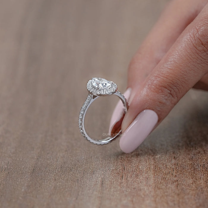 side view of pear cut lab diamond halo eternity wedding ring