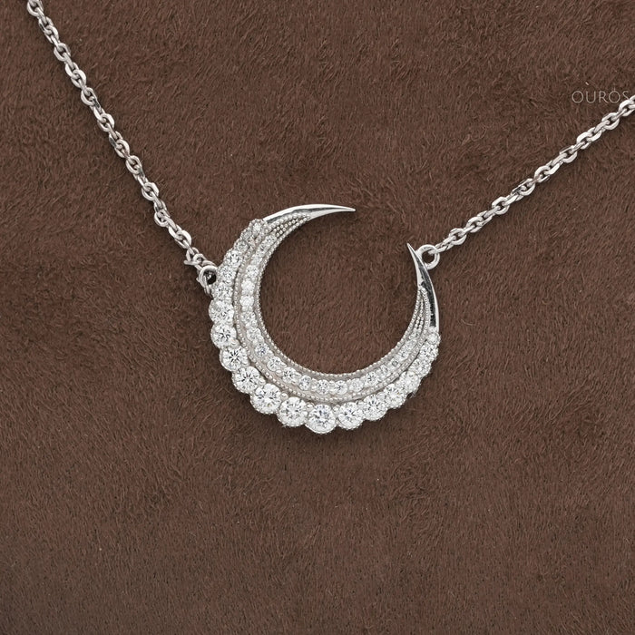 front view of round cut diamond milgrain bezel set moon pendant necklace
