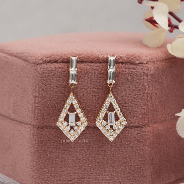 Baguette Cut & Round Halo Lab Grown Diamond Drop Earrings