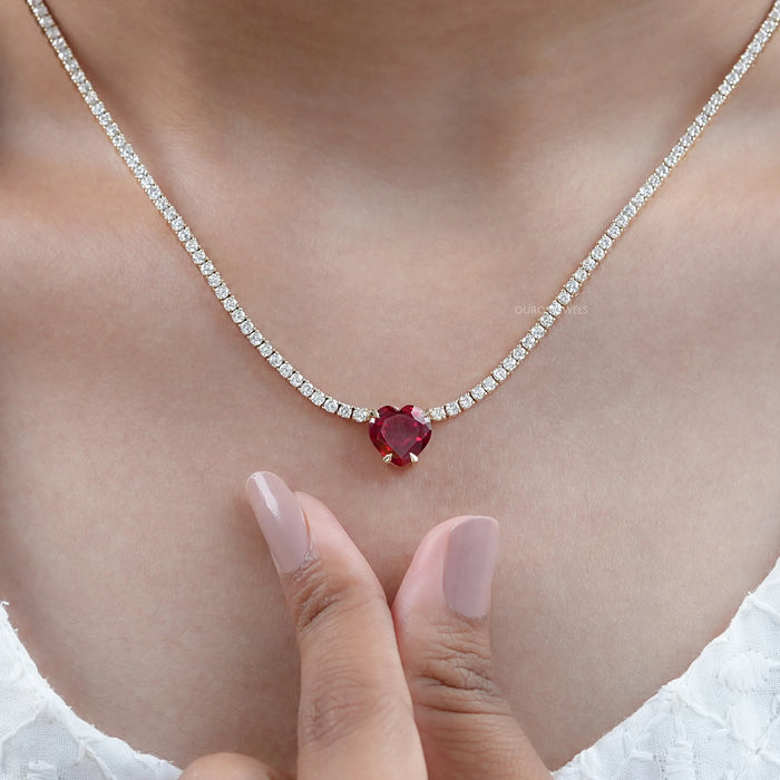 Ruby Heart And Round Diamond Tennis Necklace